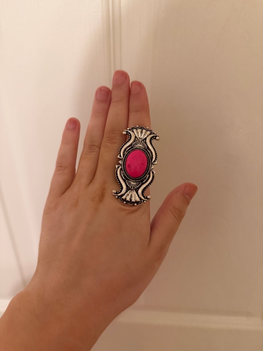 SHEIN Silver-Tone Ring with Bright Pink Oval Stone